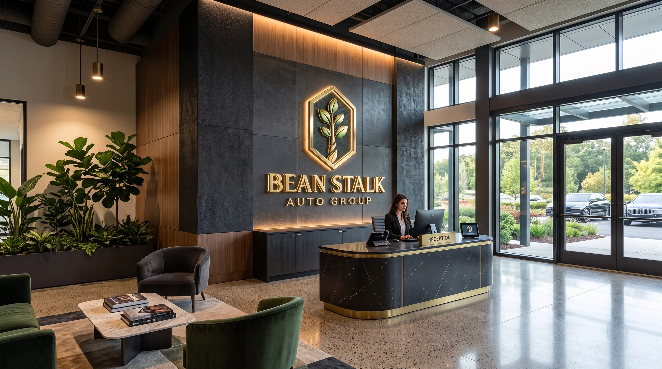 Illustrative reception area in a premium automotive office